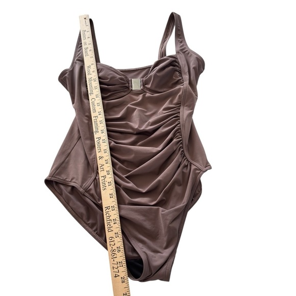 Calvin Klein Pleated One Piece Swimsuit Brown Slimming Size 10 Silver Logo Swim - Picture 9 of 14